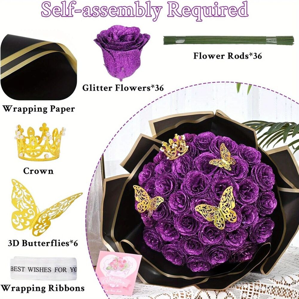 24pcs Glitter Roses Bouquet, DIY Fake Glitter Flowers Bouquet, Everlasting Shiny